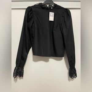 BNWT H&M Black L/S Open Tie Back With Crochet Ruffled Neck/Cuffs